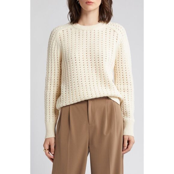 Nordstrom Signature Creme Open Knit Cashmere Wool Blend Sweater Sz M Minimalist - Picture 1 of 8